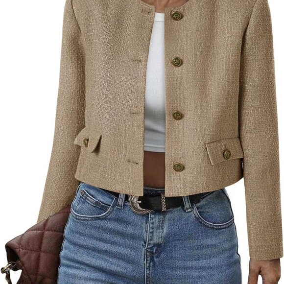 Elegant Women's Cropped Tweed Blazer - Collarless Bomber Jacket in Medium